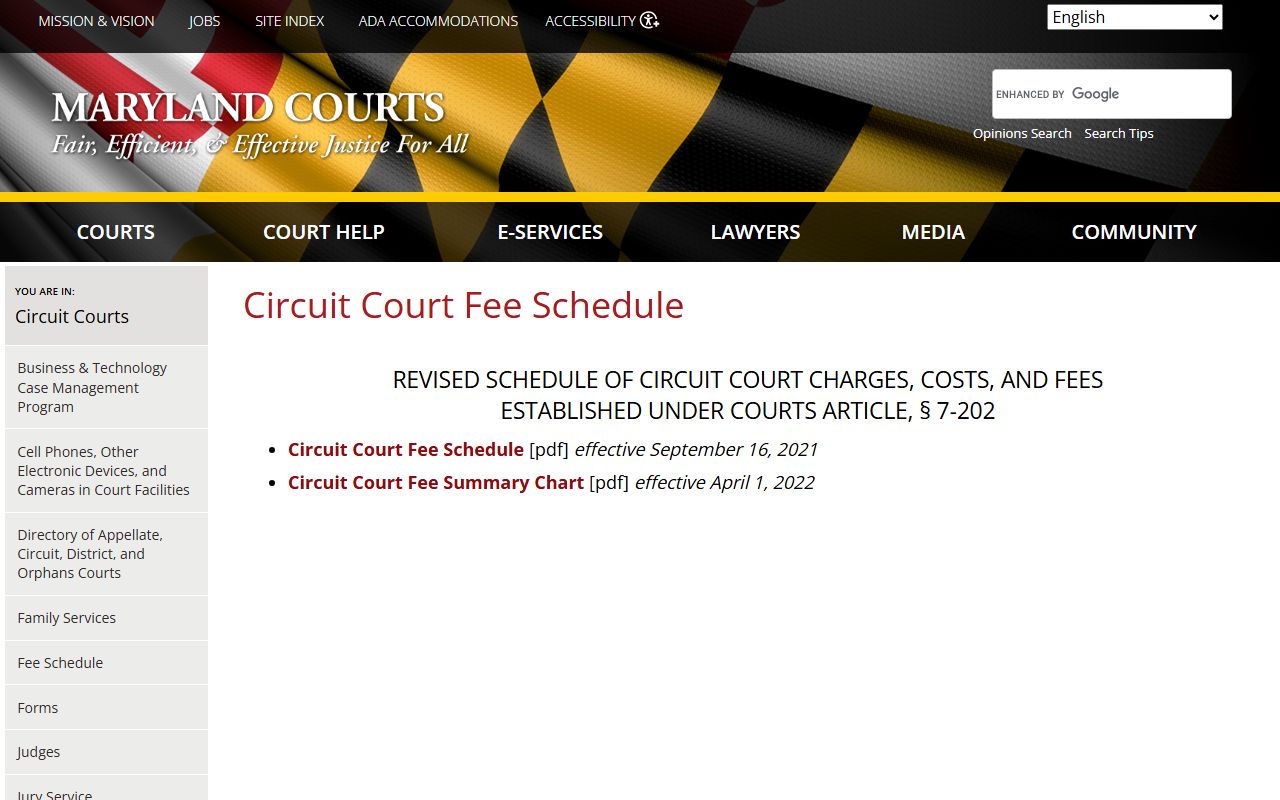 Garrett County Clerk of the Circuit Court fee schedule source