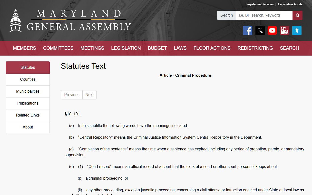 Garrett County criminal court records Maryland expungement definitions statute
