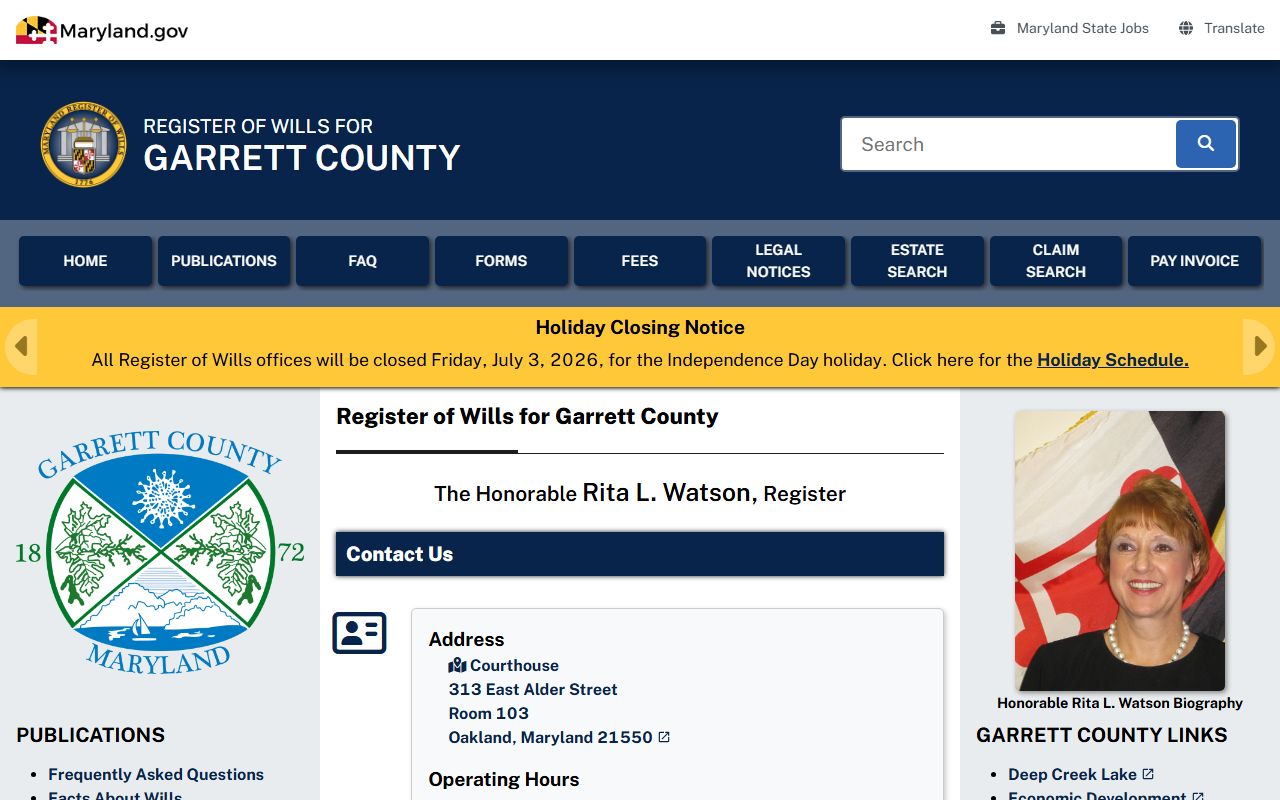 Garrett County probate records Register of Wills page