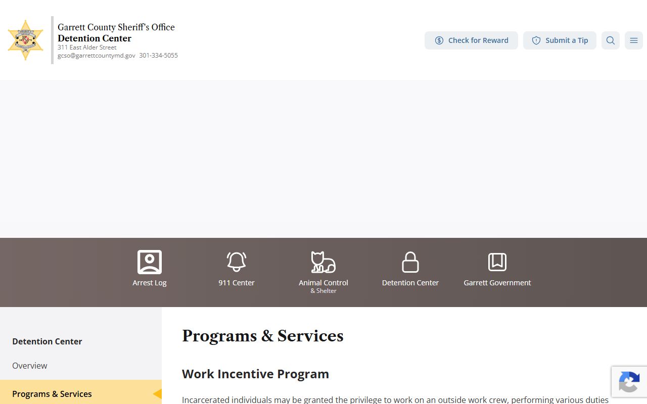 Garrett County inmate records detention center programs and services