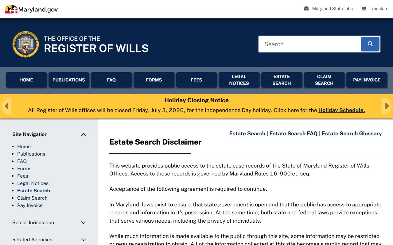 Garrett County probate records Register of Wills Estate Search landing page