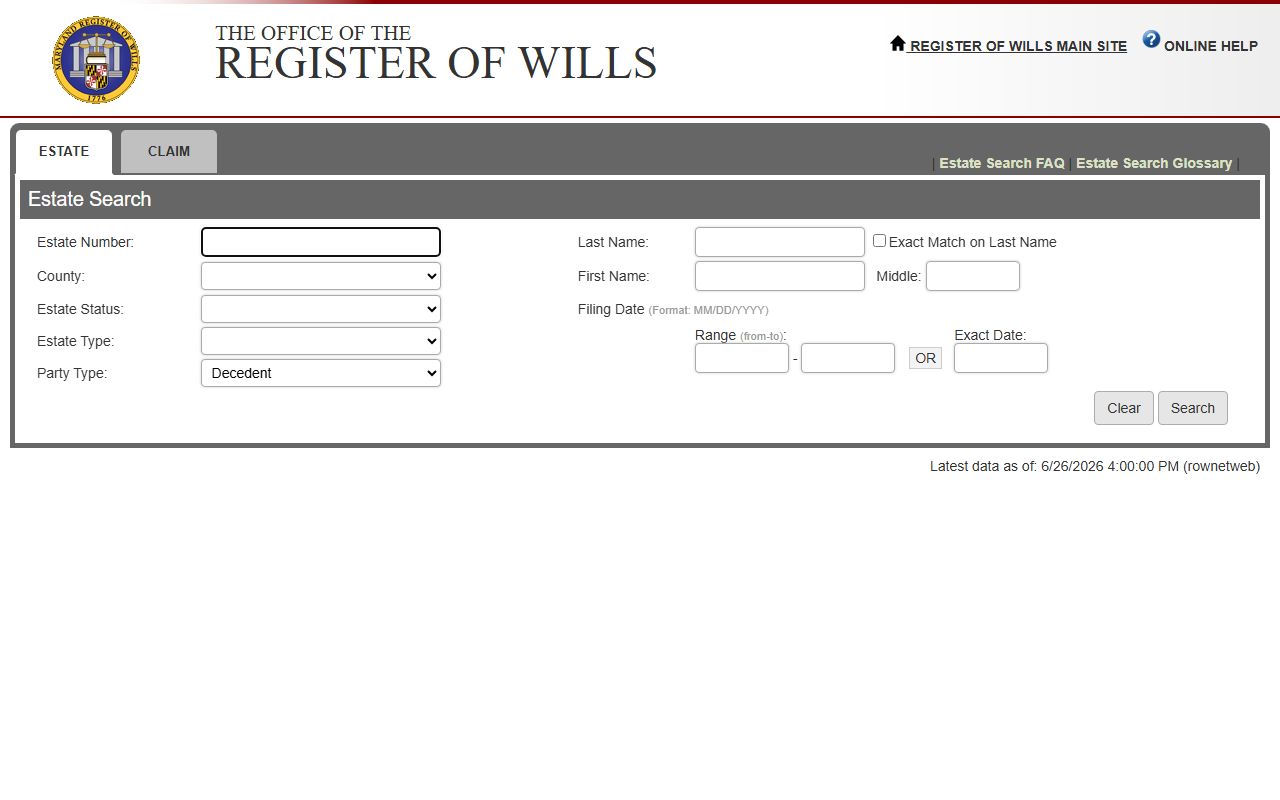 Garrett County probate records Estate Search form fields