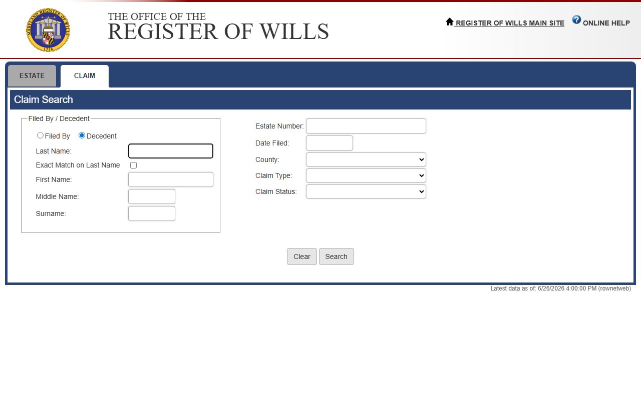 Garrett County probate records Register of Wills contact page