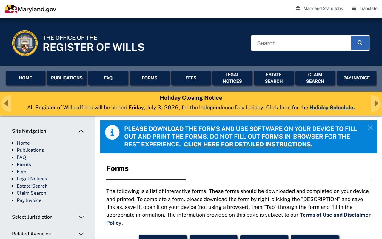 Garrett County probate records Maryland Register of Wills forms list