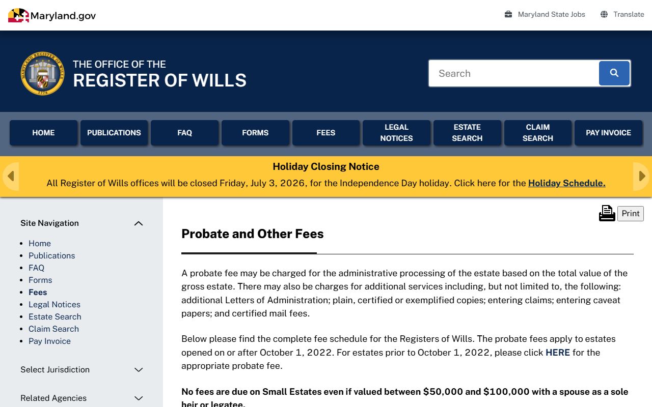Garrett County probate records Register of Wills fee page